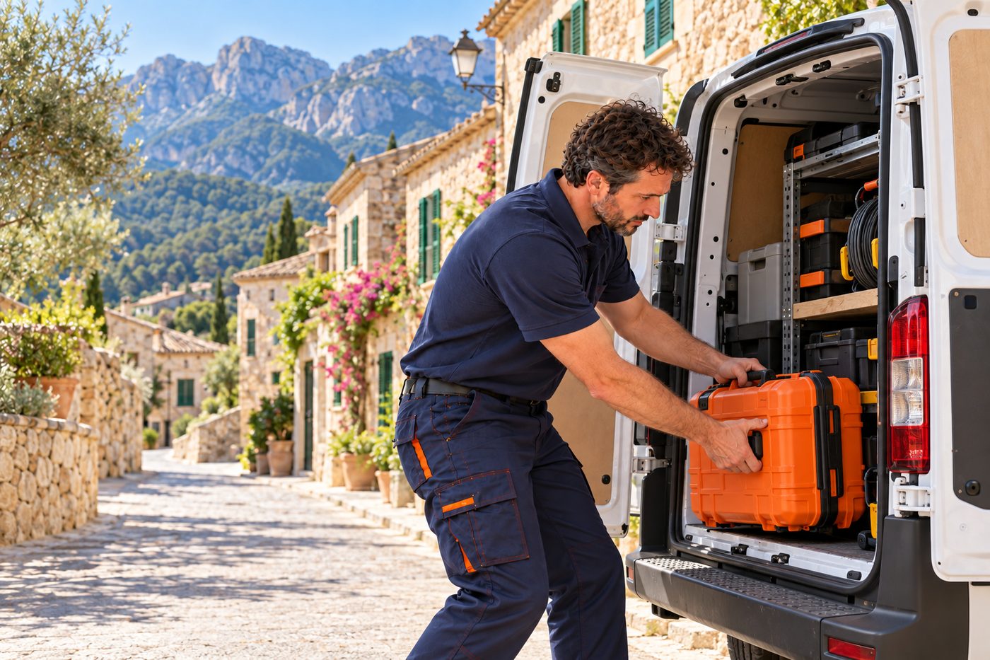 Técnico de SAT VISTA sacando sus herramientas de la furgoneta en un pueblo de Mallorca